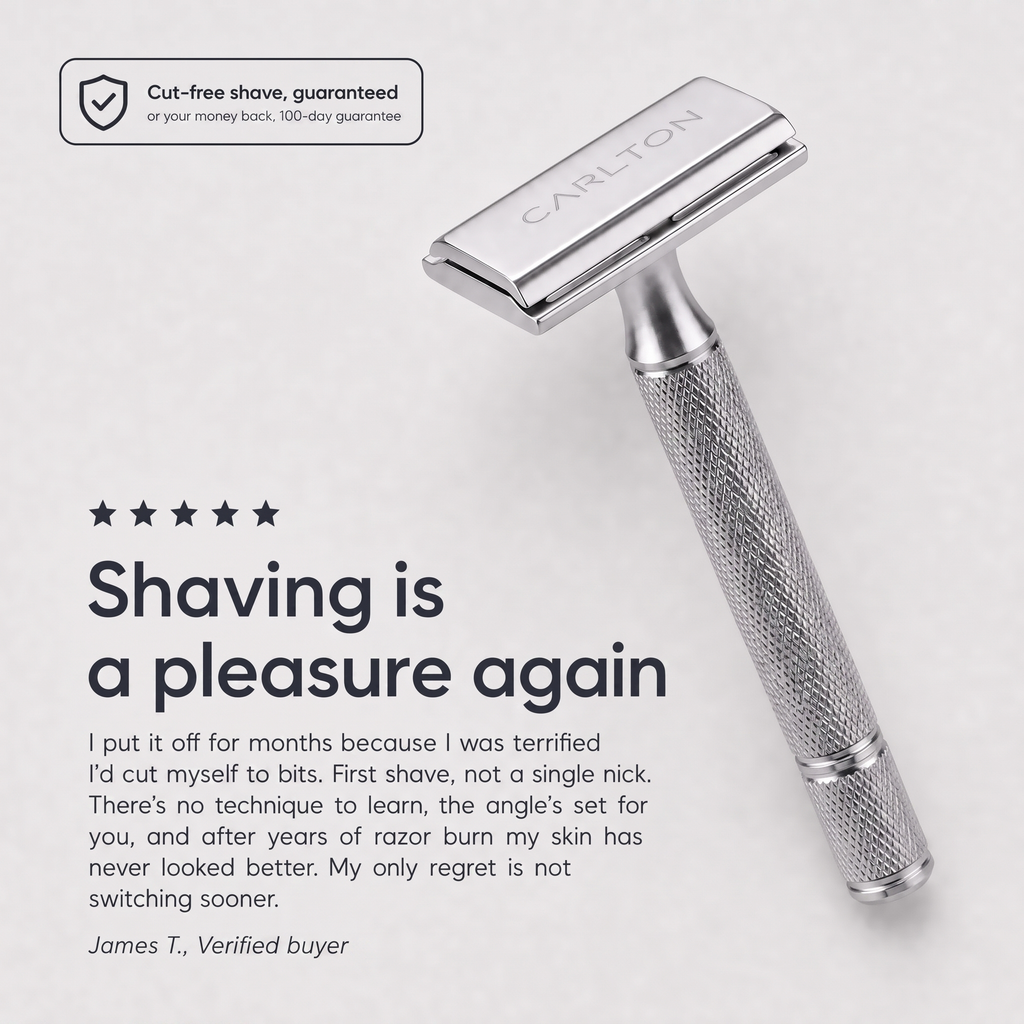 Cut-free shave guaranteed, or your money back, 100-day guarantee. Verified buyer testimonial